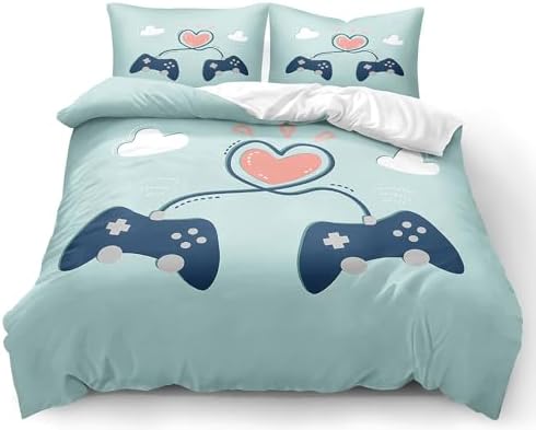 Twin Size Gaming Bedding Set - Duvet Cover & Comforter Cover with Pillowcases, Cartoon Gamepad Symmetry with Pink Heart on Sky Blue for Gamer Kids' Bedroom (Whimsical Gaming Atmosphere) - Image 2
