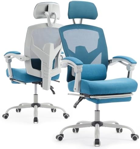 Ergonomic Office Chair with Footrest, Computer Gaming Chair | Adjustable Headrest, Lumbar Support, Swivel Reclining, Padded Armrest, Mesh High Back, Home Desk Work Study, Blue by HAPPYMONTLLC