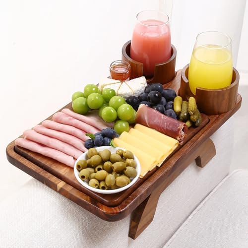 Nnewvante Acacia Wood Couch Arm Table with Charcuterie Board & Cheese Knife by Nnewvante