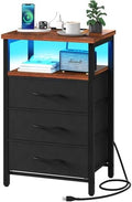 Yoobure Night Stand with Charging Station, 3 Fabric Drawers Nightstand, Bedside Tables with Storage Shelf, End Table with 16 Colors LED, Small Dresser for Small Space, Black Brown by Yoobure
