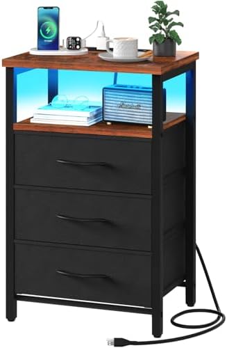 Yoobure Night Stand with Charging Station, 3 Fabric Drawers Nightstand, Bedside Tables with Storage Shelf, End Table with 16 Colors LED, Small Dresser for Small Space, Black Brown by Yoobure