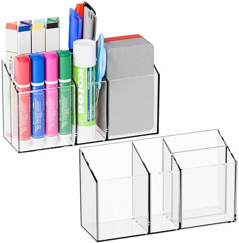 Yieach 2 Pack Magnetic Marker Holder for Whiteboard with Magnet and Adhesive - Non Slip Clear Acrylic Magnetic Pen Cup and Dry Erase Marker Holder for Expo,Refrigerator,Locker and Classroom Organizer by Yieach
