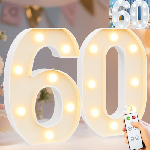 Pooqla 60th Birthday Decorations for Men Women, Decorative Marquee Numbers with Remote, Light Up 60 Sign for Party Backdrop 60th Wedding Anniversary Decor, Warm White and Cool White Number 60 by Pooqla