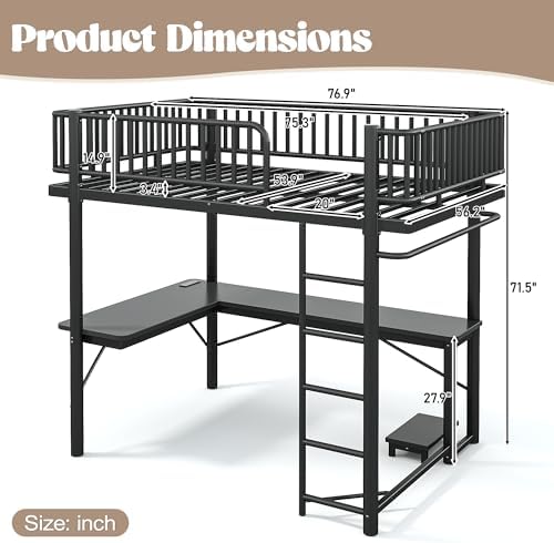 KEIKI Full Size Metal Loft Bed Frame with L-Shaped Desk, Black - Image 2