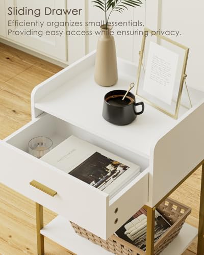 Masupu Nightstand,3-Tier Modern Bedside Night Stand with Storage Drawer and Shelf,Small End Side Table for Bedroom,Living Room,White (Without Outlet, White) - Image 4