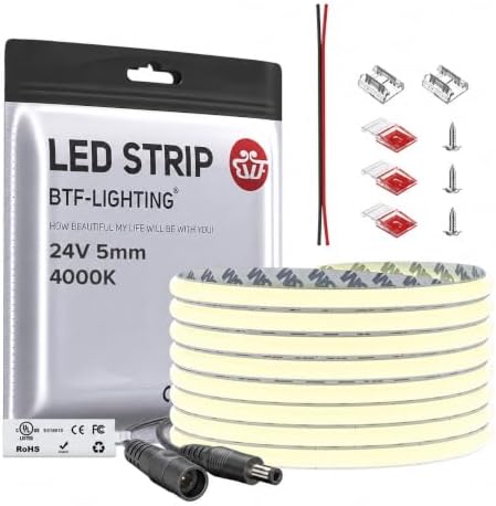 BTF-LIGHTING FCOB Thin 5mm Width COB LED Strip Light Natural White 4000K by BTF-LIGHTING