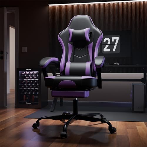 Gaming Desk Chair for Adults, Ergonomic Gaming Chair (Purple+Black) | with Footrest & Headrest and Lumbar Support, Leather Material Height Adjustable computer Video Game Chairs - Image 2