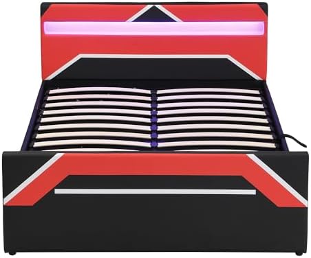 Merax Queen Size Gaming Bed with Built-in 7-Color LED Lighting Headboard, Side-Lift Hydraulic Storage Platform Bed, Cyberpunk Style, No Box Spring Needed, Black+Red - Image 6