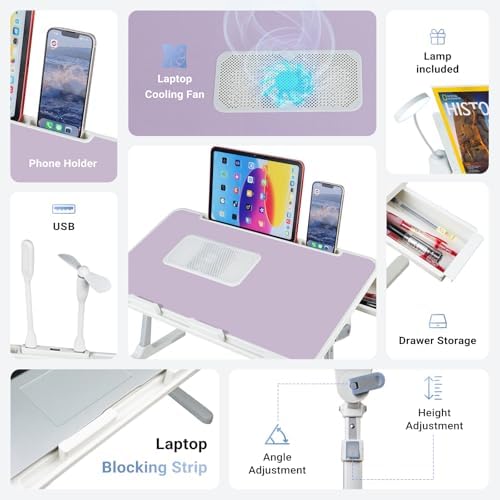 iXTRA Adjustable Laptop Lap Desk with Cooling Fan USB Light for Adults 56x32cm,Purple - Image 4