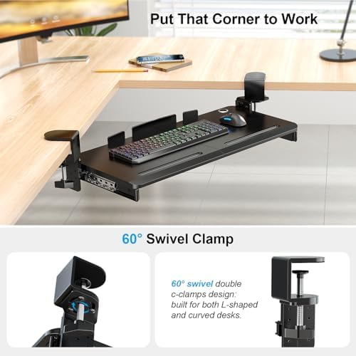 Supcline Keyboard Tray Under Desk with 60° Swivel Clamp & Height Adjustment - Image 3