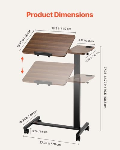 VEVOR Overbed Table, Mobile Hospital Bed Table, Over Bed Table with Wheels Adjustable Height, Rolling Laptop Desk with Tilting Top & Cup Holder, Portable Over Bed Desk for Home, Office, Study, Wood - Image 3