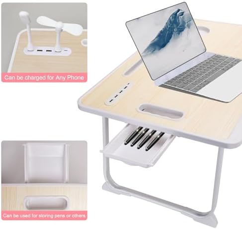 Laptop Bed Table, Laptop Desk for Bed, Foldable Laptop Bed Desk with USB Charge Port, Handle, Desktop Card Slot, Cup Slot, Side Drawer, Laptop Table Portable Notebook Stand for Eating Reading Working - Image 3
