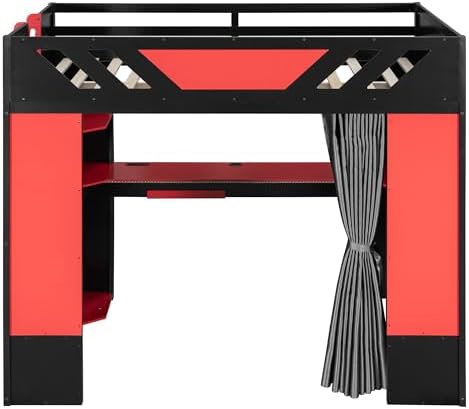 Merax Full Size Loft Bed with Desk and Storage Shelves, Gaming Loft Bed Frame with USB Charging Station and Curtains, Space Saving Loft Bed for Teens Bedroom, Black + Red - Image 7