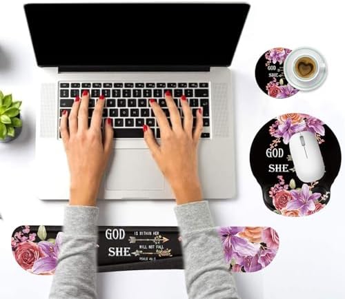 Keyboard Wrist Rest and Mouse Pad Wrist Support Set with Coasters,Ergonomic Gaming Mousepad for Home Office Working Studying Easy Typing & Pain Relief,Flower Bible Verse Psalm 46-5 - Image 6