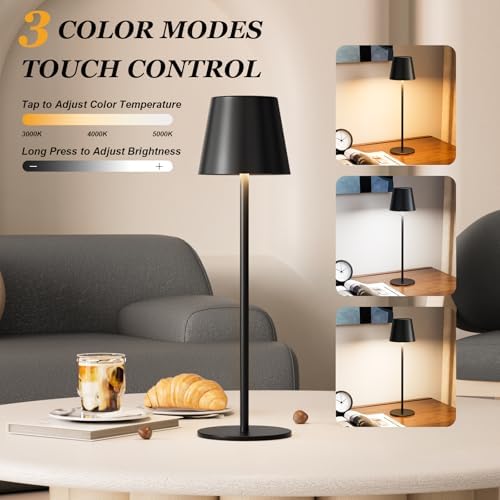 Kakanuo 20" Black Cordless Table Lamp Rechargeable - 2 Pack 5000mAH Battery Operated Lamp for Counter, 3 Color Stepless Dimming Wireless Lamp for Dining Table, Touch Control - Image 4