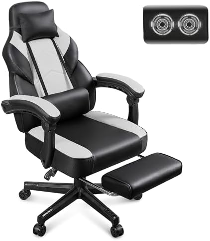 Gaming Chair for Adults, Video Game Chair with Footrest, Big and Tall Gaming Chair Heavy Duty Computer Chair with Massage Lumbar, Ergonomic Adjustable Height and 360° Swivel Seat, PU Leather, White by Meilocar