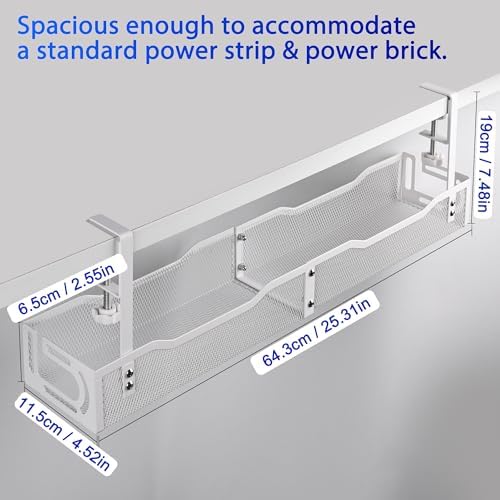 Under Desk Cable Management Box 25.3 Inch – Clamp-Mounted Cable Organizer Tray, Large Cord Management Box for Office & Home, Wire Organizer Under Desk Storage, White - Image 4