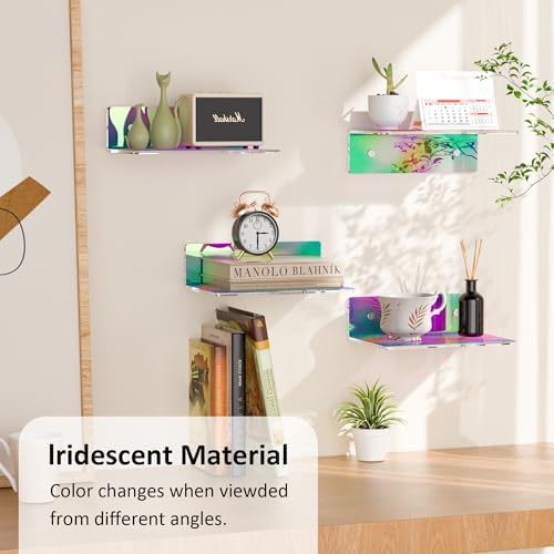 Sezanrpt 9 Inch Iridescent Wall Shelves, Acrylic Small Floating Shelf, Home Wall Display Shelf for Storage, Room Décor, Space Saving, Items Organizer, Bathroom Organizer, 4 Pack - Image 3