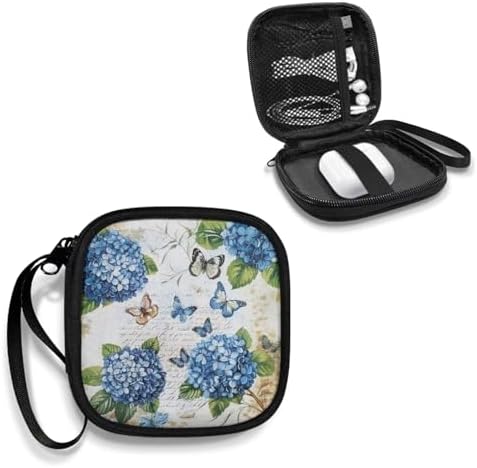 Wireless Headphone Case for Women, Flowers Portable Earphone Storage Bag Carrying Case, Earbud Holder with Handle Hydrangeas and Butterflies Print - Image 2