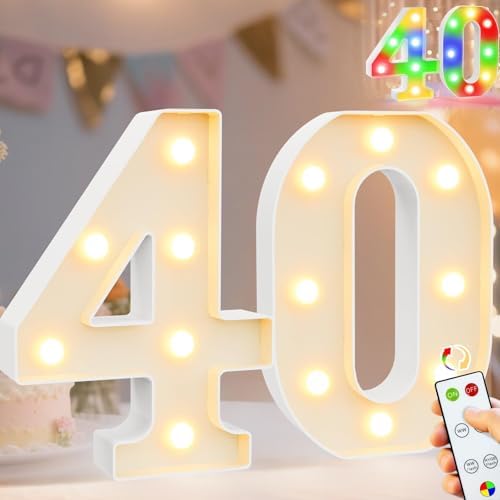 Pooqla 40th Birthday Decoration for Her Him, Decorative LED Light Up Numbers, Marquee Numbers 40 Sign for Party Backdrop 40th Wedding Anniversary Decor Gift, Warm White and Colorful Number 40 by Pooqla