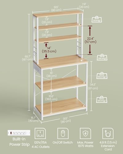 VASAGLE Coffee Bar, 31.5 Inches 6-Tier Baker's Rack with 6 Hooks - Image 6