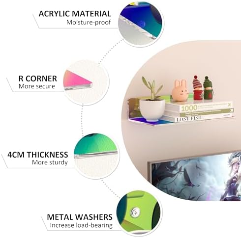 Sezanrpt 12 Inches Iridescent Wall Shelves, Moisture-Proof Acrylic Organizer Shelves for Bathroom, Bedroom, Living Room, Retail, 4 Pack - Image 4
