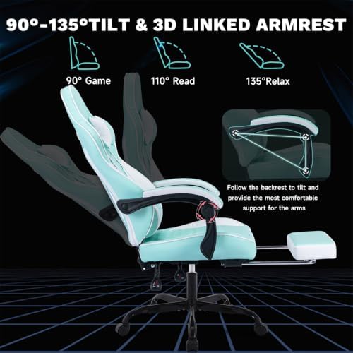 Gaming Desk Chair for Adults, Ergonomic Gaming Chair (Green+White) | with Footrest & Headrest and Lumbar Support, Leather Material Height Adjustable computer Video Game Chairs - Image 4