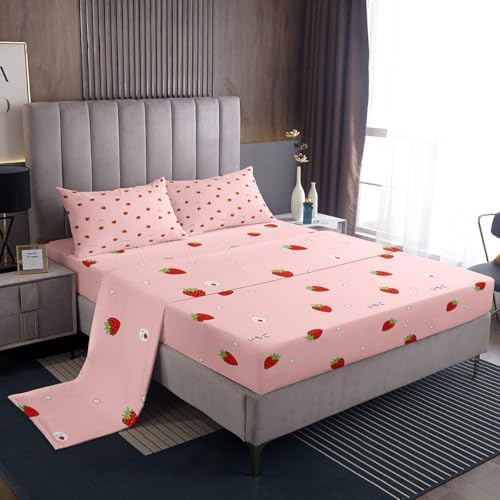 Girls Strawberry Bed Sheets Twin Kawaii Strawberry Sheet Set For Kids Room Decor Japanese Style Pink Cute Cartoon Fruit Food Theme Fitted Sheet Girly White Floral Flat Sheet With Deep Pocket by Erosebridal