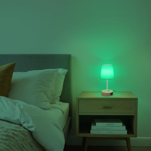 Ascher Small Bedside Table lamp Set of 2, RGB Color Changing Lamps, 3 Color Temperatures, Stepless Dimmable, Nightstand Lamp with USB C+A Ports for Bedroom Living Room, (Flaxen Shade, Wood Grain Base) - Image 6