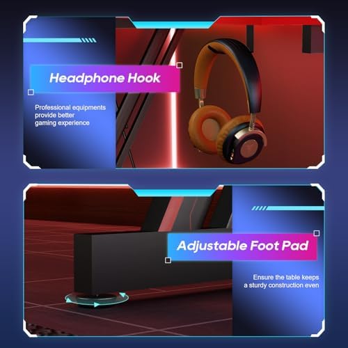 BestOffice 39" Gaming Desk Computer Gaming Desk Z Shaped Gaming Workstation Ergonomic Gaming Table with Headphone Hook for Game Players,Black&Red - Image 5