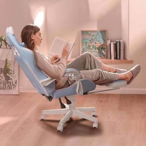 PUKAMI Gaming Chair with Cat Ears,Cute Computer Chair for Girl with Footrest,Ergonomic Gamer Chair, Kawaii Gaming Chair, Game Chair (Blue) - Image 7