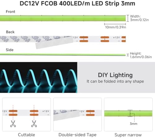 BTF-LIGHTING UL Listed Green Color 3mm Width FCOB COB LED Strip Light - Image 4