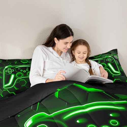 Erosebridal Gamer Comforter Set Neon Honeycomb Gaming King Bedding Set, Game Boy Games Comforter Green Hexagon Lights Duvet Insert,Boys Bedroom Decor - Image 4