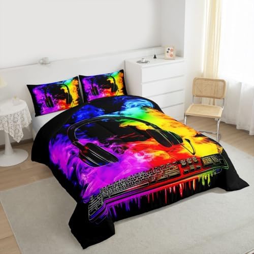 Erosebridal Gaming Keyboard Comforter Set Gaming Headphones Girl Toddler Bedding Set for Kids Boys Watercolor Smoke Fire Comforter Gamer Headset Quilt - Image 6