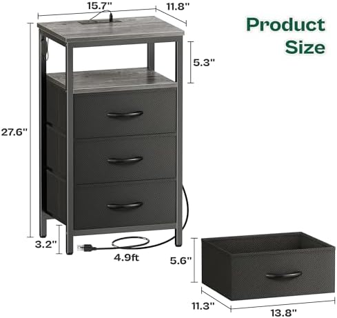 Huuger Night Stand with Charger Station and LED Lights, 3 Drawer Nightstand - Image 3
