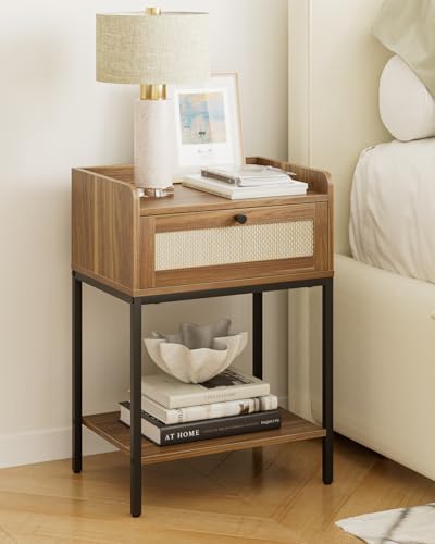 Masupu Rattan Nightstand,3-Tier Modern Bedside Night Stand with Storage Drawer and Shelf,Small End Side Table for Bedroom,Living Room,Walnut Brown (Without Outlet, Brown) - Image 3