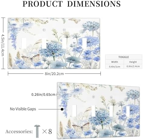Decorative Switch Plate Covers Blue Floral Hydrangea Watercolor Wildflower 4 Gang Light Switch Cover Plate Quad Toggle Wall Plate 4 Hole Electrical Switchplatedimmer Faceplate for Bathroom - Image 5