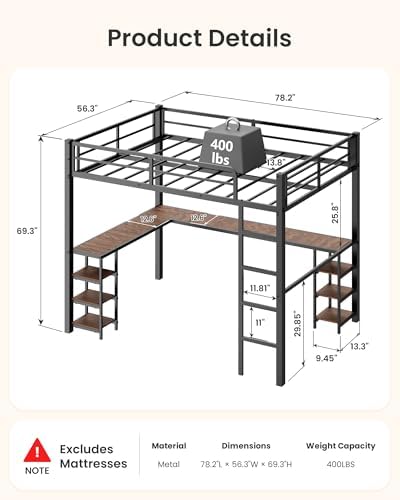 Full Loft Bed with Desk & Shelves for Teens/Adults, Guardrails, Ladder - Image 2