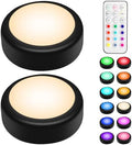 BLS LED Puck Lights with Remote Control, Wireless Under Cabinet & Closet Lighting, RGB 13 Color Changing Lights with Dimmer, Timer & AA Battery Operated, Push, Touch, Stick on for Night, Black, 2 Pack by BLS