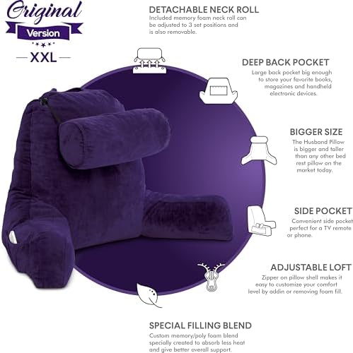 Husband Pillow XXL The Original for Adults - 30" Tall Backrest for Sitting Up in Bed - Firm Support Reading & Bed Rest Pillows for Adults, Neck Roll, Removable Cover - TV - Purple - Image 5