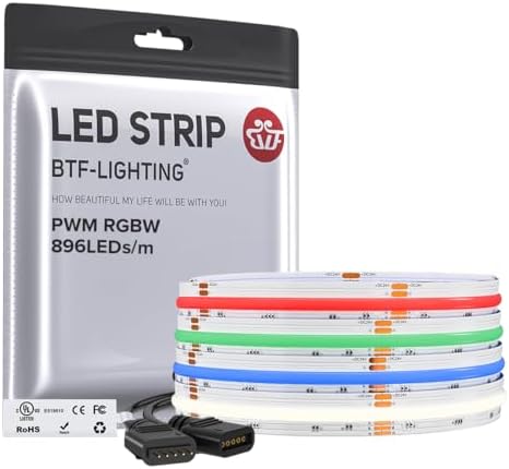 BTF-LIGHTING FCOB COB LED Strip Light,UL Listed RGBW 6000K 896LED/m High Density LED Tape Light,9.8FT DC24V 12mm Width Color Changing Light for Bedroom Home Indoor DIY Decor(No Adapter or Controller) by BTF-LIGHTING