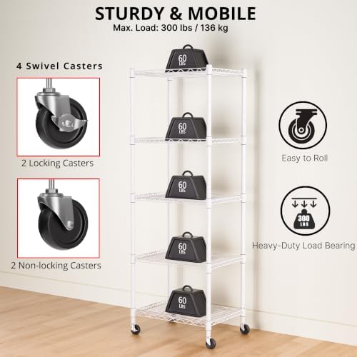 REGILLER 5-Wire Shelving Metal Storage Rack Adjustable Shelves,Standing Storage Shelf Units for Laundry Bathroom Kitchen Pantry Closet(White,11.8" D x 16.6" W x 53.5" H,With Wheels) - Image 6