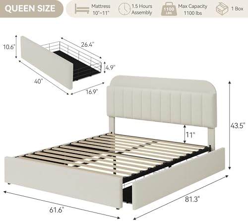 GarveeHome Queen Bed Frame, Platform Bed with Storage Headboard & Drawers - Image 2