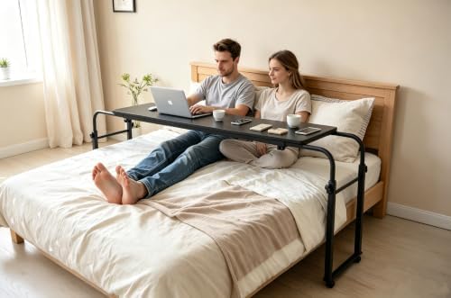 Overbed Bedside Table with Wheels Portable Rolling Laptop Desk Cart Computer Table Over The Bed Table Adjustable Height and Length with Tilt Stand Board for Bed Hospital Home and Office (Black-M) by KOMOREBI