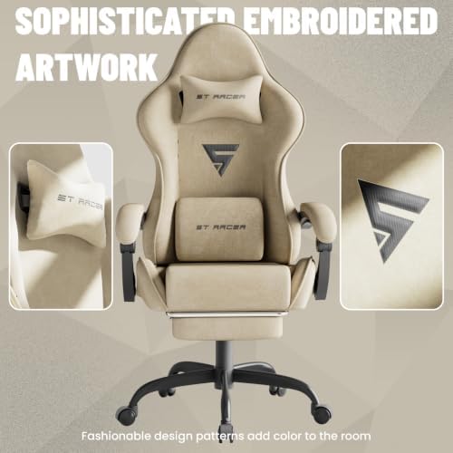 Ferghana Ergonomic Velvet Gaming Chair with Massage, Footrest & Reclining High Back, Racing Style Computer Desk Chair for Adults, Home Office Use, Beige - Image 4