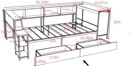 Bellemave Full Size Corner Bed Frame with Storage Drawers, Bookcase and Side Desk, Full Corner Bed with Light and Charging Station, Daybed for Bedroom, Living Room, Guest Room Black - Image 2