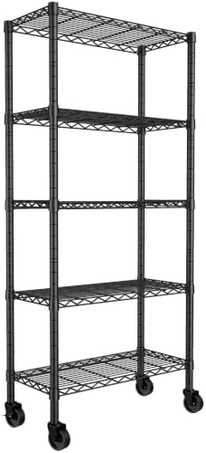 REGILLER 5-Wire Shelving Metal Storage Rack Adjustable Shelves,Standing Storage Shelf Units for Laundry Bathroom Kitchen Pantry Closet(Black,14.1" D x 30" W x 82" H,With Wheels) by REGILLER