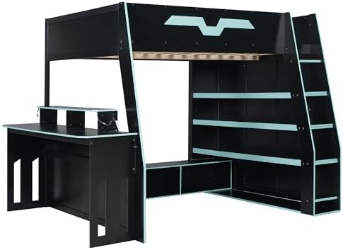 Merax Full Size Gaming Loft Bed with Desk and Multi-Storage Shelves, Space-Saving Wood Loft Bed Frame with Full-Length Guardrail for Teens Bedroom, Built-in Light Strip & Charging Station, Cloud Blue - Image 5