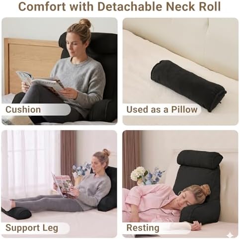 Reading Pillow for Bed with Detachable Neck Roll and Shredded Memory Foam, Back Pillow with Arms for Sitting Up, Washable Bed Rest Pillow with Side Pocket for Gaming, Sofa, Dorm - Black - Image 7