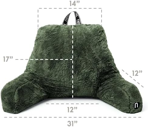 Nestl Fur Reading Pillow with Laptop Lap Desk, Stylish Back Pillow for Sitting Up, Lap Desk with Reading Pillows for Sitting in Bed Adult & Kids, Faux Fur Chair Pillow with Arms - Olive Green - Image 3
